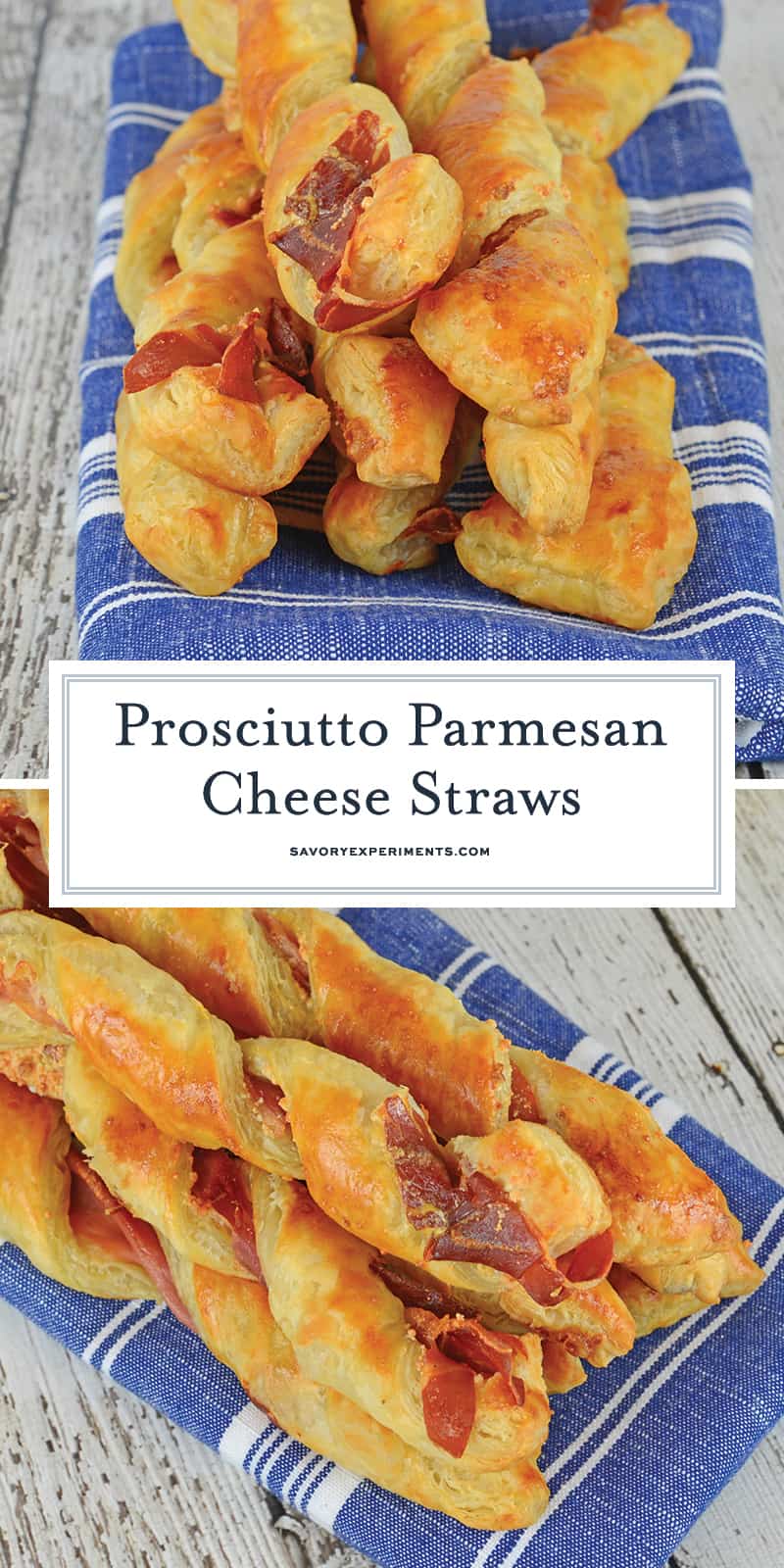 Prosciutto Parmesan Cheese Straws are made with just a few ingredients and 10 minutes in the oven! An easy appetizer for all occasions. #cheesestraws #puffpastrybreadsticks www.savoryexperiments.com