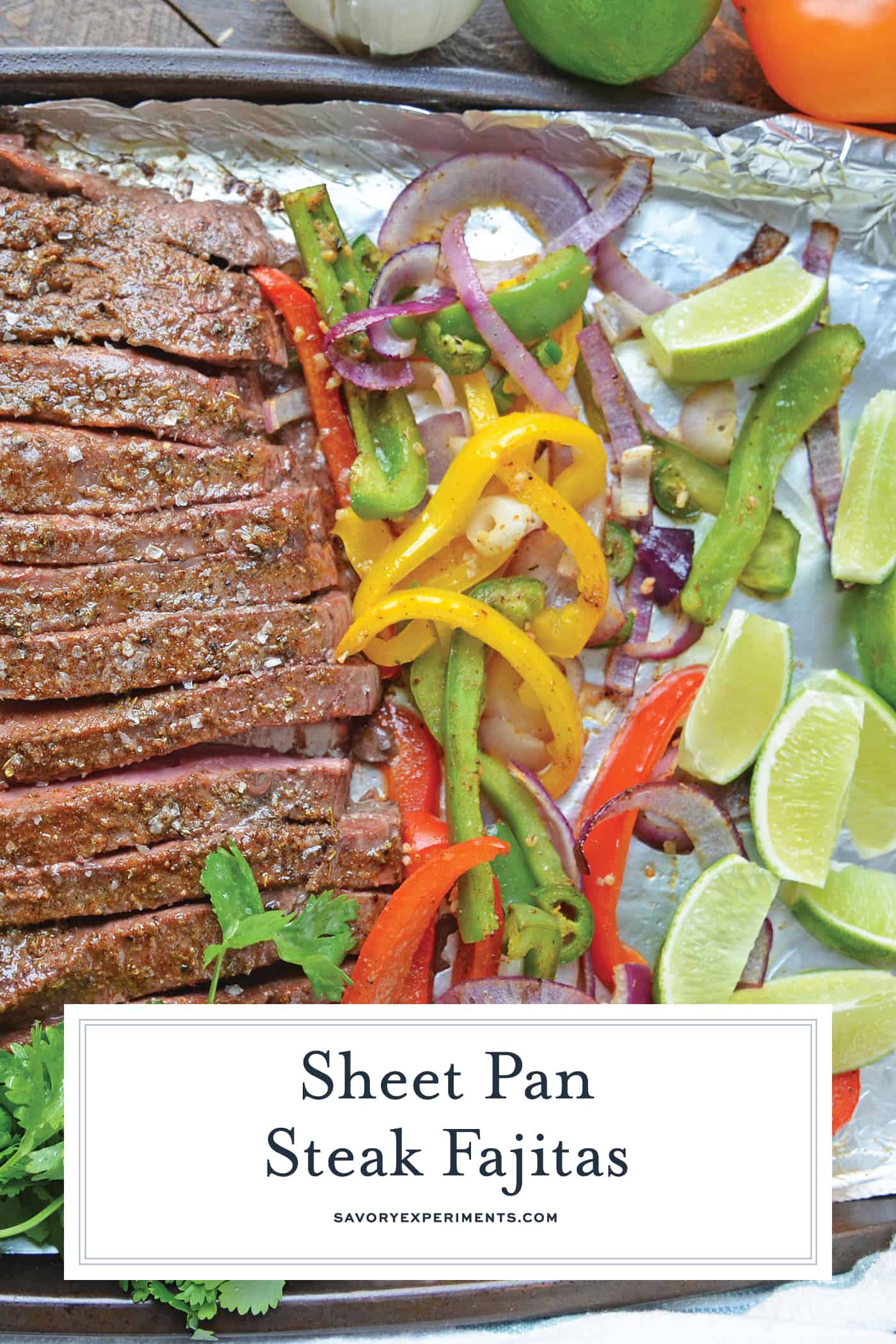 Sheet Pan Steak Fajitas are an easy weeknight meal using tender beef, homemade fajita seasoning, peppers, onions and jalapenos! #sheetpanrecipes #steakfajitas #easydinnerideas www.savoryexperiments.com