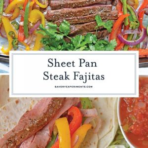 Sheet Pan Steak Fajitas are an easy weeknight meal using tender beef, homemade fajita seasoning, peppers, onions and jalapenos! #sheetpanrecipes #steakfajitas #easydinnerideas www.savoryexperiments.com