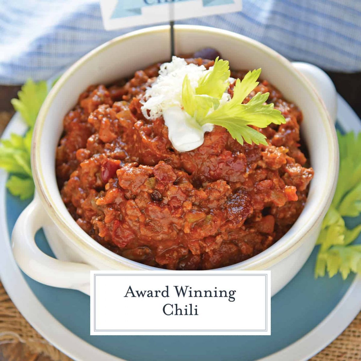 Blue Ribbon Award Winning Chili is a chili cook-off winning recipe! A robust and rich stew loaded with beef, sausage, bacon and tons of vegetables. #awardwinningchili #chilirecipe www.savoryexperiments.com