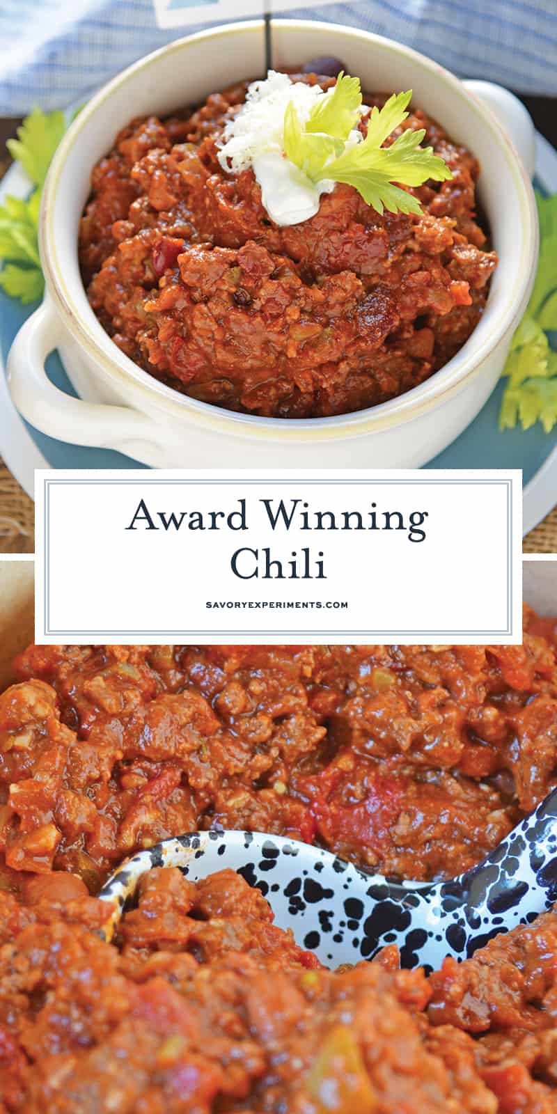 Blue Ribbon Award Winning Chili is a chili cook-off winning recipe! A robust and rich stew loaded with beef, sausage, bacon and tons of vegetables. #awardwinningchili #chilirecipe www.savoryexperiments.com