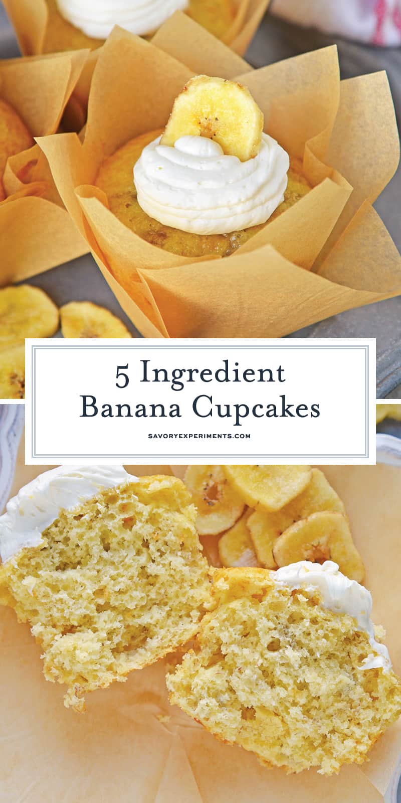 Five Ingredient Banana Cupcakes are a fabulous alternative to making banana bread with overly ripe bananas. This easy cupcake recipe will blow your mind! #easycupcakerecipes #bananacupcakes #bananarecipes www.savoryexperiments.com