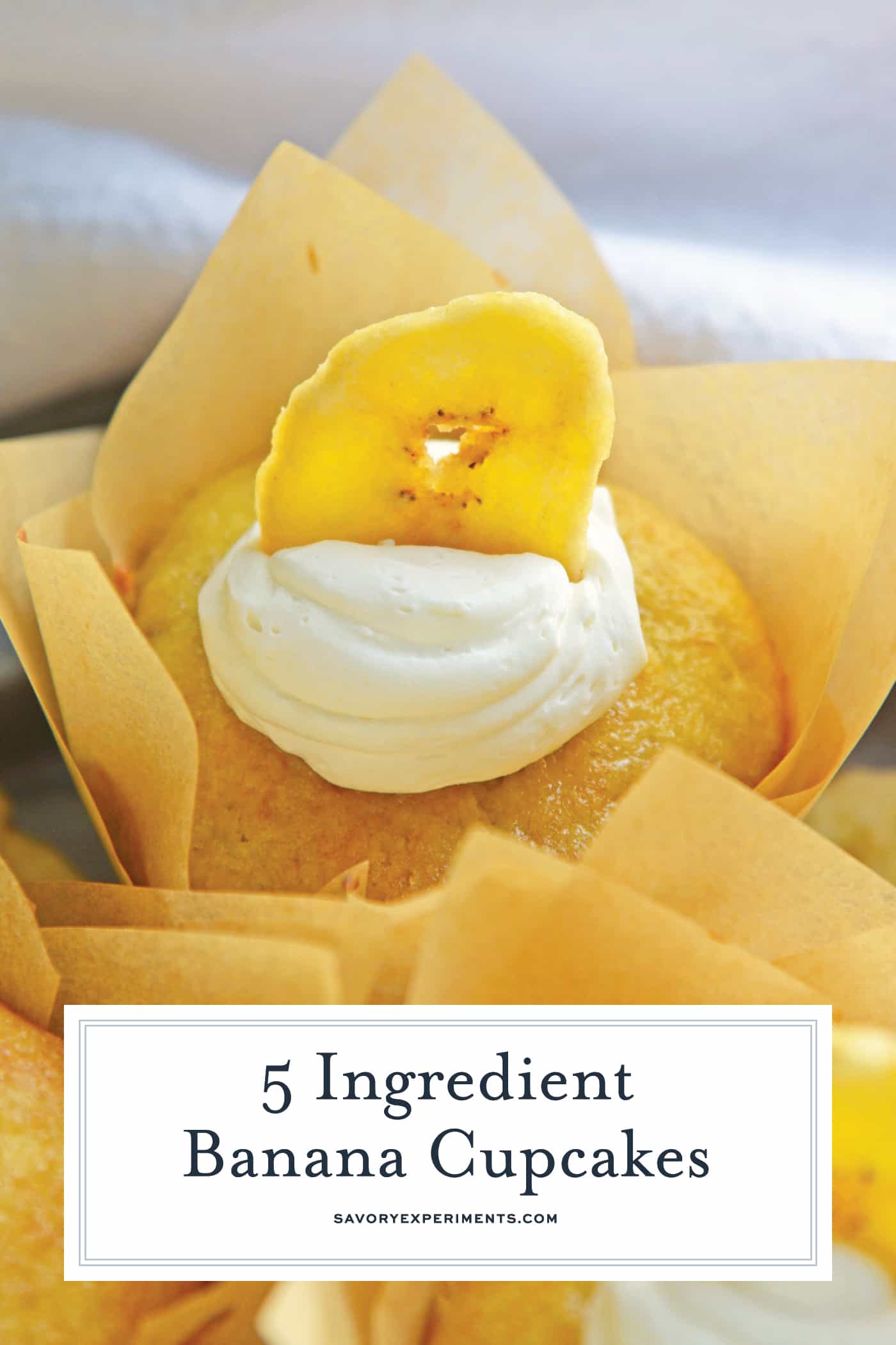 Five Ingredient Banana Cupcakes are a fabulous alternative to making banana bread with overly ripe bananas. This easy cupcake recipe will blow your mind! #easycupcakerecipes #bananacupcakes #bananarecipes www.savoryexperiments.com