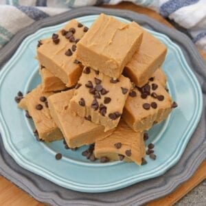 Easy Peanut Butter Fudge on a blue plate