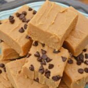 Stack of peanut butter fudge on a blue plate