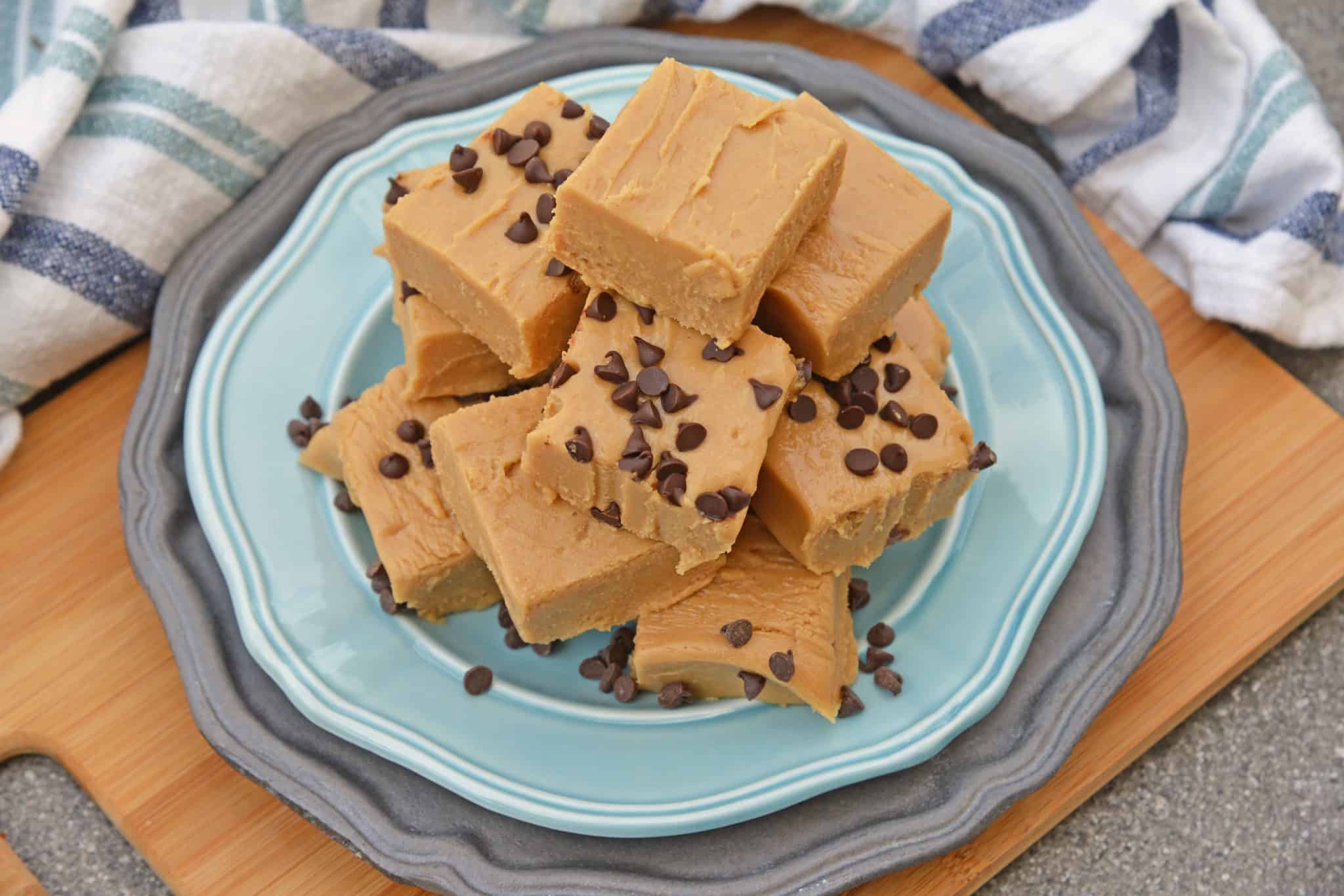Easy Peanut Butter Fudge on a blue plate 