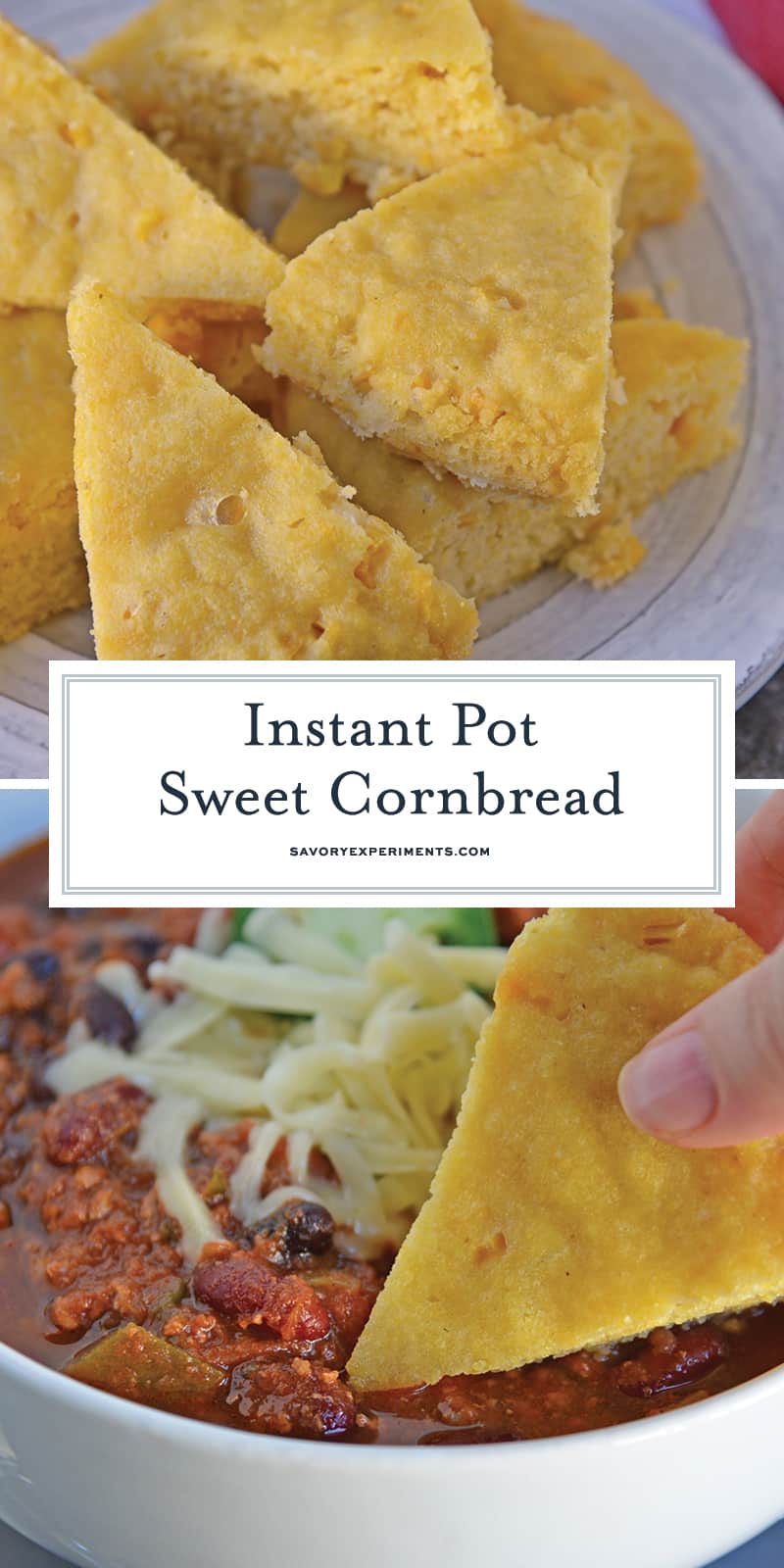 Instant Pot Sweet Cornbread is an easy cornbread recipe made with honey making it both sweet and moist. Made in the Instant Pot, it cooks in half the time! #cornbreadrecipe #instantpotrecipes #sweetcornbread www.savoryexperiments.com