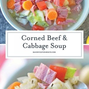 Leftover Corned Beef and Cabbage Soup is the best way to make another full meal from your Irish feast packed with vibrant veggies and seasoning. #cornedbeefsoup #leftovercornedbeefrecipes #easysouprcipes www.savoryexperiments.com