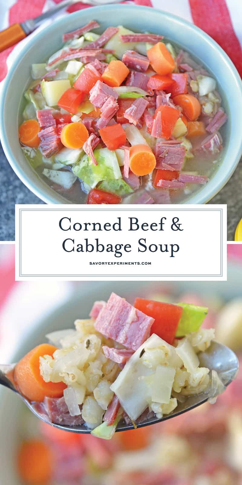 Leftover Corned Beef and Cabbage Soup is the best way to make another full meal from your Irish feast packed with vibrant veggies and seasoning. #cornedbeefsoup #leftovercornedbeefrecipes #easysouprcipes www.savoryexperiments.com 