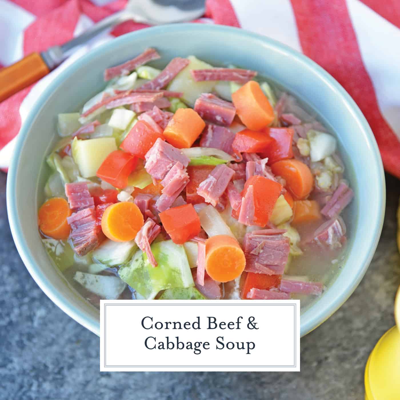 Leftover Corned Beef and Cabbage Soup is the best way to make another full meal from your Irish feast packed with vibrant veggies and seasoning. #cornedbeefsoup #leftovercornedbeefrecipes #easysouprcipes www.savoryexperiments.com 