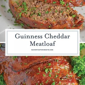 Guinness and Cheddar Meatloaf is packed with vegetables simmered in stout beer and fresh sage topped with crispy bacon and a sweet molasses glaze. #baconwrappedmeatloaf #easymeatloafrecipes www.savoryexperiments.com
