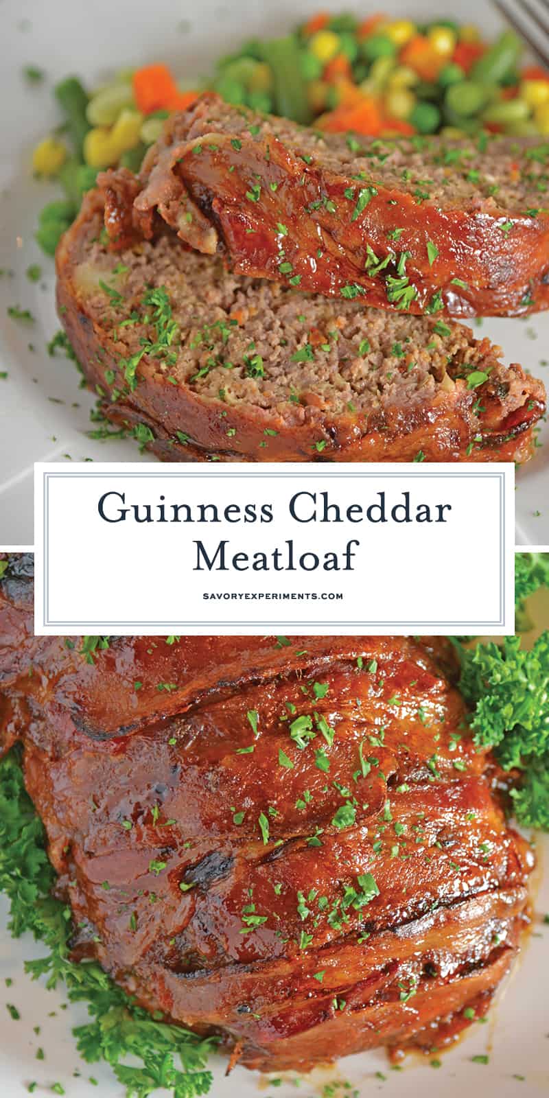 Guinness and Cheddar Meatloaf is packed with vegetables simmered in stout beer and fresh sage topped with crispy bacon and a sweet molasses glaze. #baconwrappedmeatloaf #easymeatloafrecipes www.savoryexperiments.com 