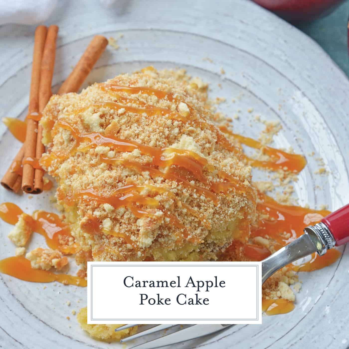 This Caramel Apple Poke Cake is one of the best recipes using boxed cake mix! With tons of apples, and cinnamon, this from scratch apple cake will become an instant family favorite! #pokecakerecipes #recipesusingboxedcakemix #applecake #easypokecakerecipes #savoryexperiments www.savoryexperiments.com