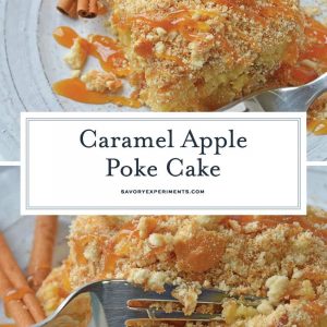 This Caramel Apple Poke Cake is one of the best recipes using boxed cake mix! With tons of apples, and cinnamon, this from scratch apple cake will become an instant family favorite! #pokecakerecipes #recipesusingboxedcakemix #applecake #easypokecakerecipes #savoryexperiments www.savoryexperiments.com