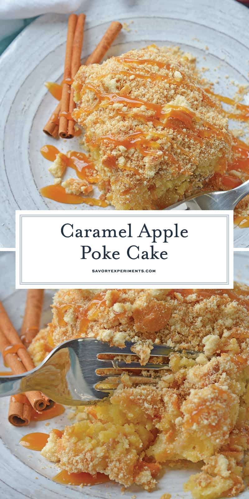 This Caramel Apple Poke Cake is one of the best recipes using boxed cake mix! With tons of apples, and cinnamon, this from scratch apple cake will become an instant family favorite! #pokecakerecipes #recipesusingboxedcakemix #applecake #easypokecakerecipes #savoryexperiments www.savoryexperiments.com