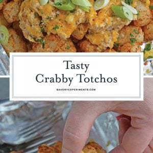 Crabby Totchos are crispy fried tater tots smothered in hot crab dip and topped with melty cheddar cheese. The perfect party appetizer! #tatertots #easyappetizerrecipes www.savoryexperiments.com