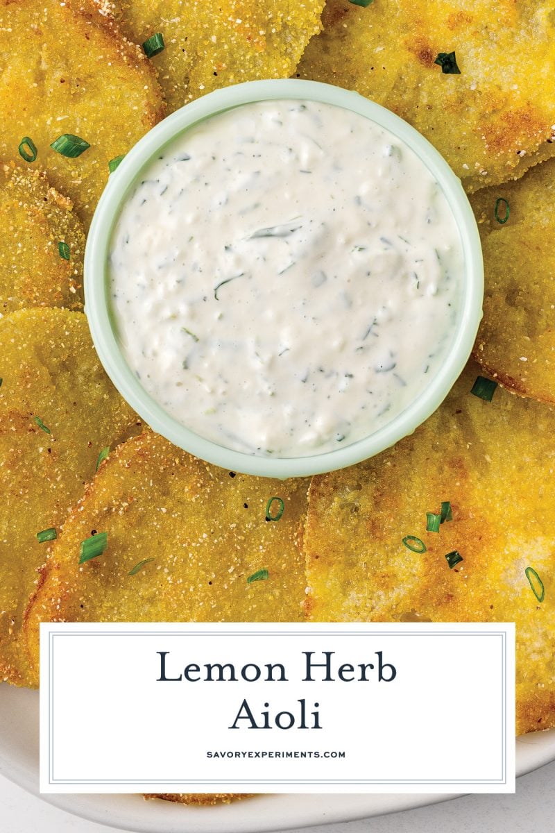 overhead small bowl of herb aioli dipping sauce
