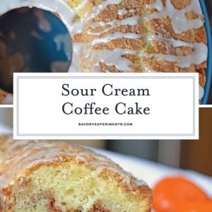 Sour Cream Coffee Cake is an easy coffee cake recipe with a streusel ribbon and crumb topping. Super moist without being overly sweet. Perfect for brunch or dessert. #sourcreamcoffeecake #easycoffeecakerecipe www.savoryexperiments.com