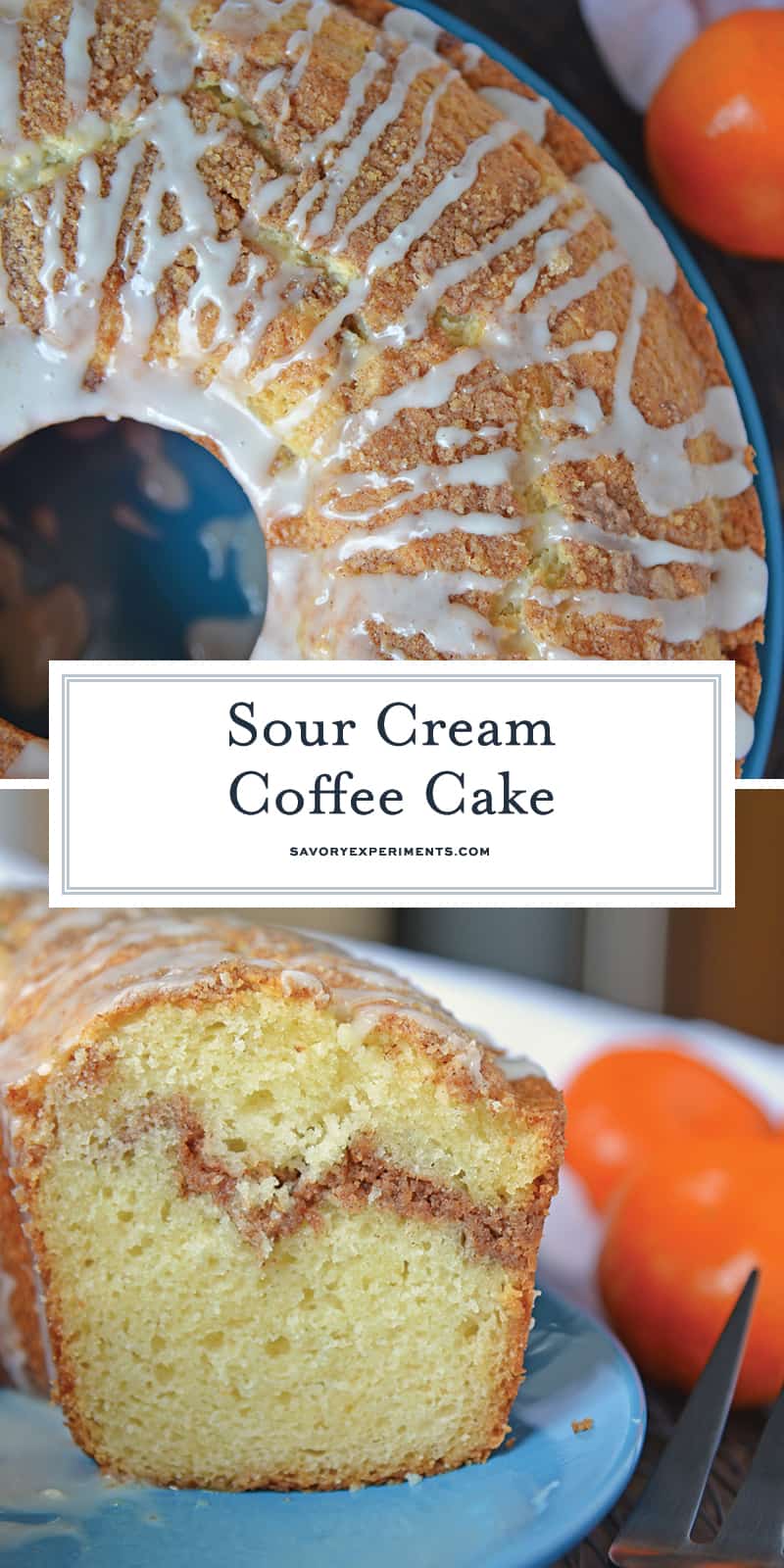 Sour Cream Coffee Cake is an easy coffee cake recipe with a streusel ribbon and crumb topping. Super moist without being overly sweet. Perfect for brunch or dessert. #sourcreamcoffeecake #easycoffeecakerecipe www.savoryexperiments.com 