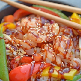 Skip the takeout and make this easy Teriyaki Shrimp Stir Fry instead! This Shrimp Stir Fry is an easy weeknight meal that the whole family will love! Best served with fried rice or noodles and packed full of veggies, this healthy recipe is sure to be a hit! #shrimpstirfry #teriyakirecipes #recipesthatuseteriyakisauce #teriyakishrimpstirfry #savoryexperiments