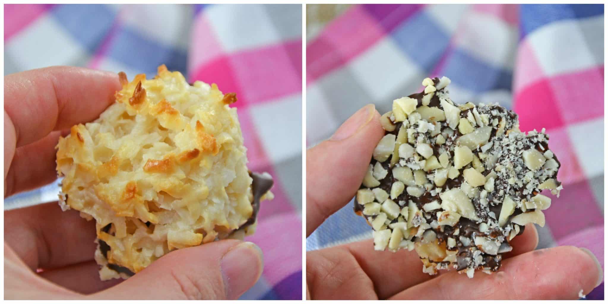 Almond Coconut Macaroons are light, fluffy coconut biscuits dipped in chocolate and almonds. Perfect as a dessert, for tea for as a an afternoon snack. #coconutmacaroons #macaroonsrecipe www.savoryexperiments.com 