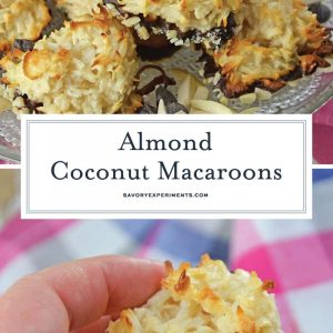 Almond Coconut Macaroons are light, fluffy coconut biscuits dipped in chocolate and almonds. Perfect as a dessert, for tea for as a an afternoon snack. #coconutmacaroons #macaroonsrecipe www.savoryexperiments.com