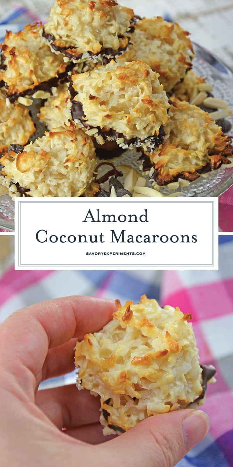 Almond Coconut Macaroons are light, fluffy coconut biscuits dipped in chocolate and almonds. Perfect as a dessert, for tea for as a an afternoon snack. #coconutmacaroons #macaroonsrecipe www.savoryexperiments.com 