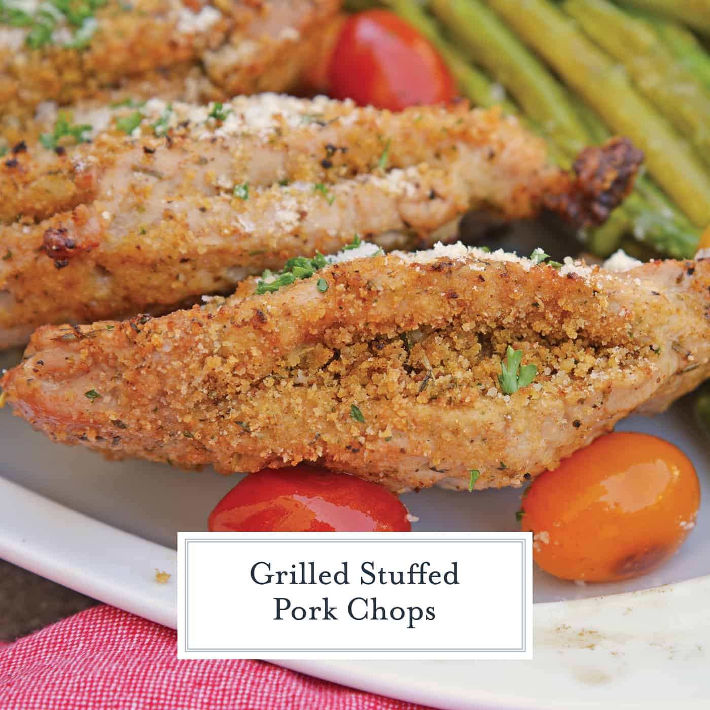 Grilled Stuffed Pork Chops are an easy grilled pork recipe. Herb marinated pork is stuffed with bread crumbs, herbs and Parmesan cheese and grilled to flavorful perfection in just 15 minutes! #grilledporkchops #stuffedporkchops www.savoryexperiments.com