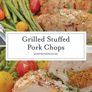 Grilled Stuffed Pork Chops are an easy grilled pork recipe. Herb marinated pork is stuffed with bread crumbs, herbs and Parmesan cheese and grilled to flavorful perfection in just 15 minutes! #grilledporkchops #stuffedporkchops www.savoryexperiments.com