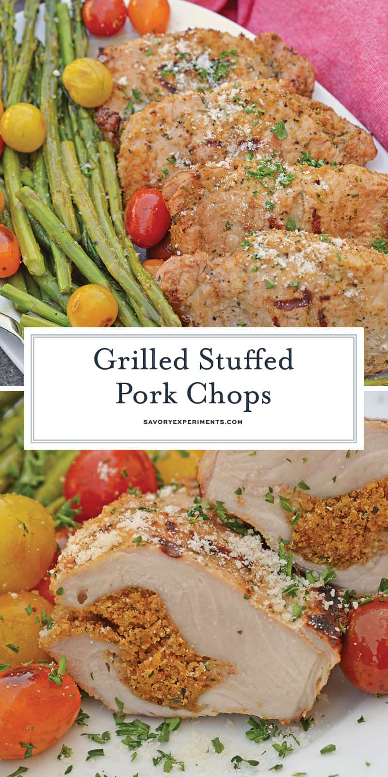 Grilled Stuffed Pork Chops are an easy grilled pork recipe. Herb marinated pork is stuffed with bread crumbs, herbs and Parmesan cheese and grilled to flavorful perfection in just 15 minutes! #grilledporkchops #stuffedporkchops www.savoryexperiments.com