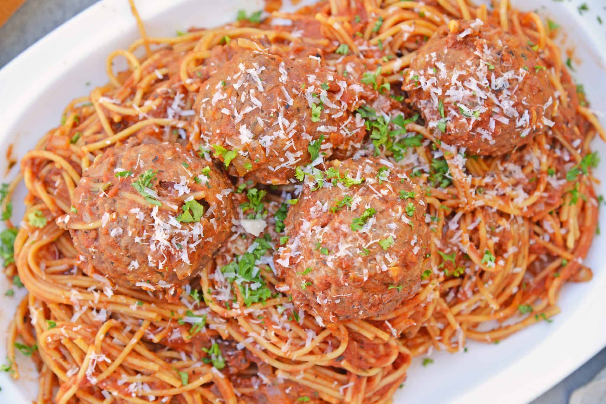 Instant Pot Spaghetti and Meatballs is perfect for nights when you need dinner fast. You won't need to know how to make spaghetti and meatballs any other way! #howtomakespaghettiandmeatballs #instantpotrecipes #spaghettiandmeatballs  www.savoryexperiments.com