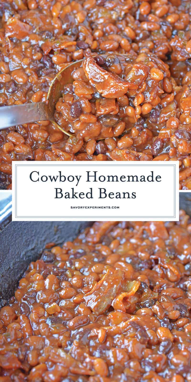 Cowboy Homemade Baked Beans are smoky, spicy and sweet. The perfect side dish recipe for BBQ, potlucks and parties. An easy baked bean recipe with loads of flavor! #homemadebakedbeans #bakedbeans www.savoryexperiments.com