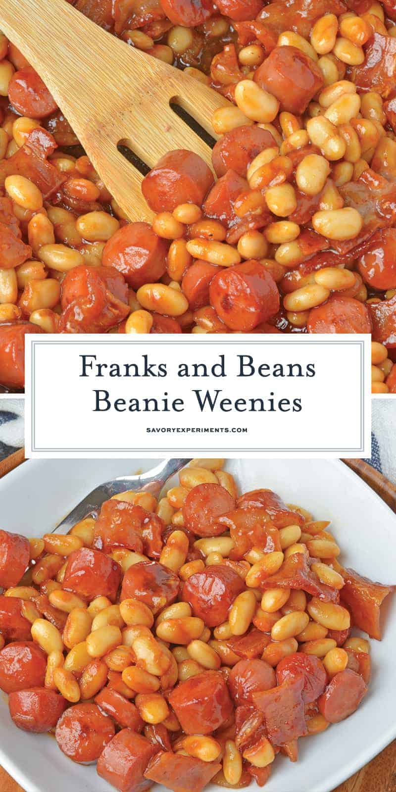 This Franks and Beans recipe, aka Beanie Weenies, is made with real beef hot dogs and less sugar than the canned version. Perfect as a quick and easy lunch or a classic camping food! #franksandbeans #homemadebeanieweenies www.savoryexperiments.com