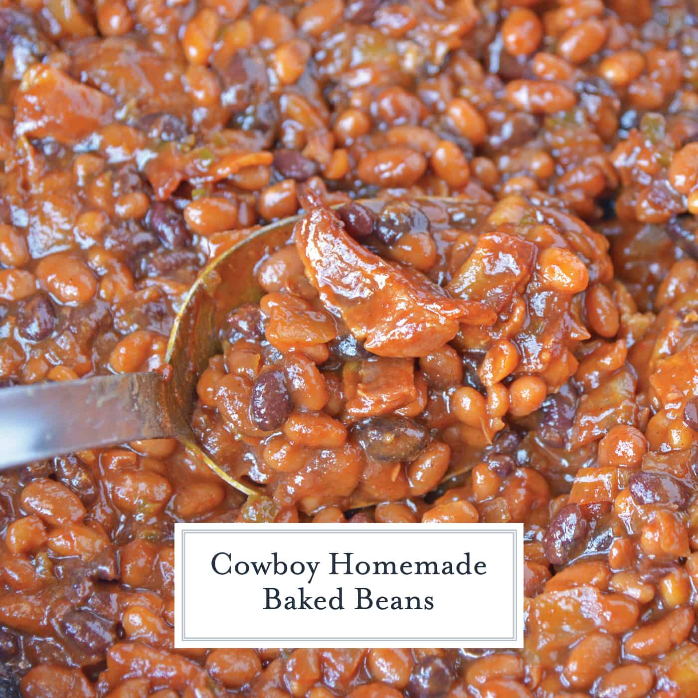 Close up of Cowboy Baked Beans on a spoon