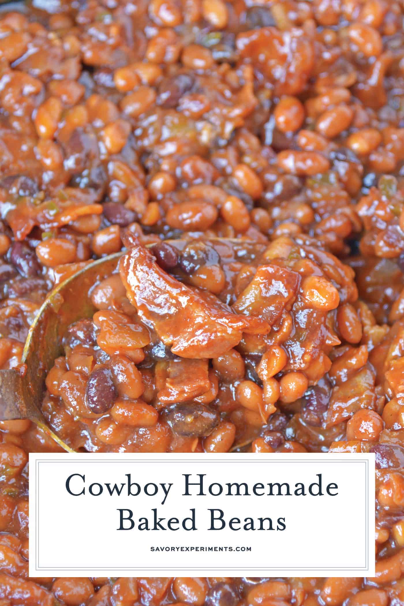 Cowboy Homemade Baked Beans are smoky, spicy and sweet. The perfect side dish recipe for BBQ, potlucks and parties. An easy baked bean recipe with loads of flavor! #homemadebakedbeans #bakedbeans www.savoryexperiments.com