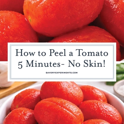 collage of peeled tomatoes in a white bowl