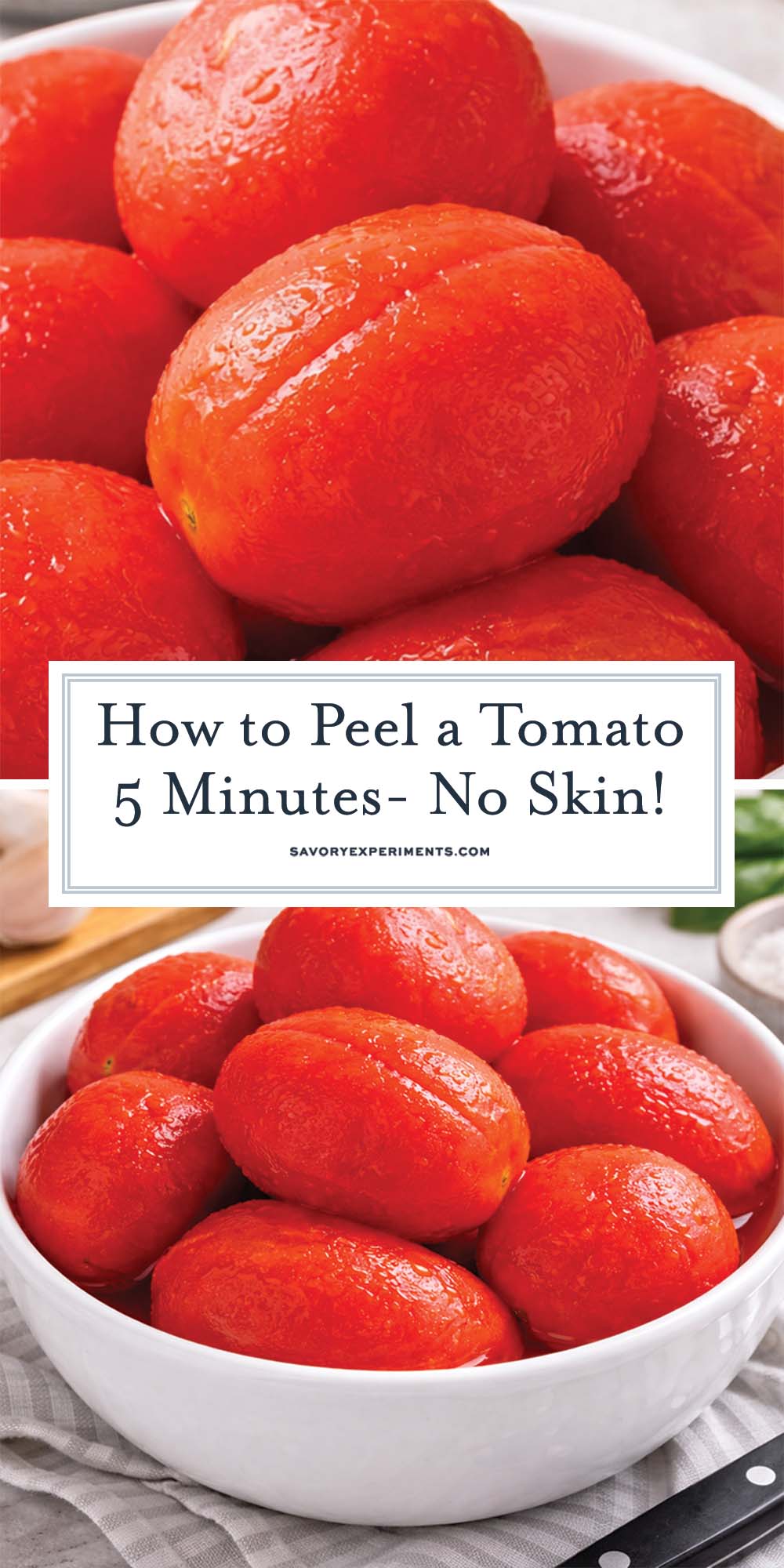 collage of peeled tomatoes in a white bowl