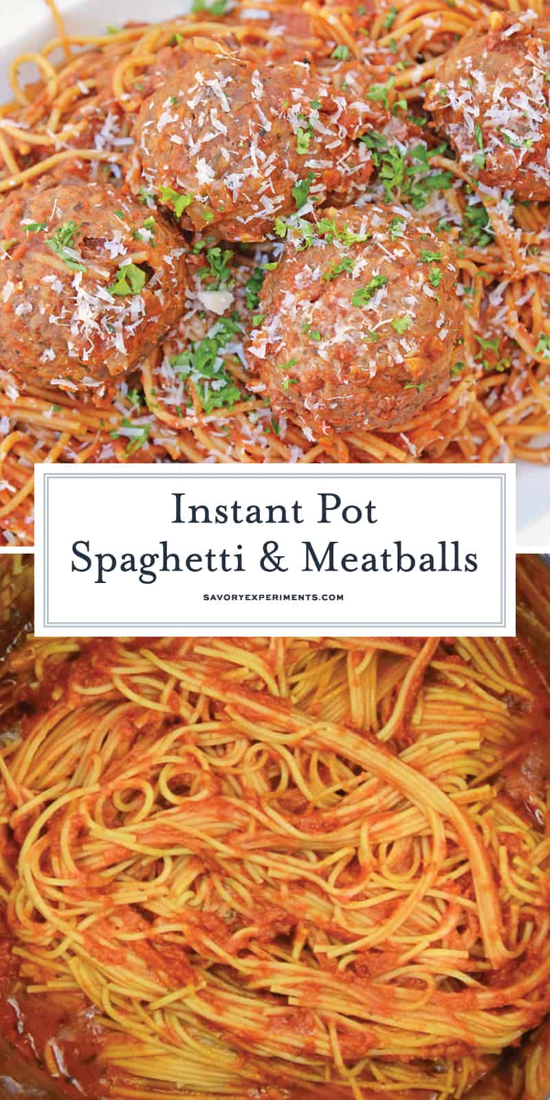 Instant Pot Spaghetti and Meatballs is perfect for nights when you need dinner fast. You won't need to know how to make spaghetti and meatballs any other way! #howtomakespaghettiandmeatballs #instantpotrecipes #spaghettiandmeatballs  www.savoryexperiments.com
