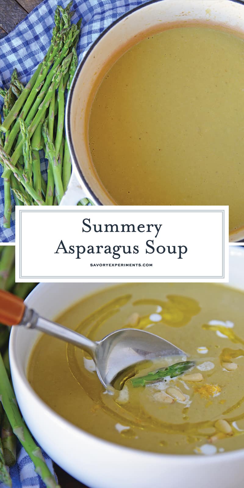 Asparagus lovers will love this creamy asparagus soup! Deliciously smooth and flavored to perfection, this cream of asparagus soup makes the perfect appetizer! #asparagussoup #creamofasparagussoup #creamyasparagussoup www.savoryexperiments.com