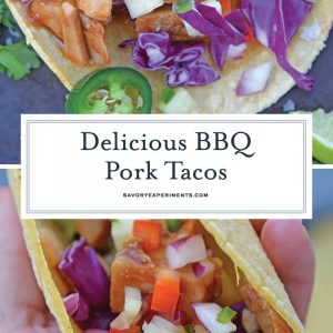 BBQ Pork Tacos are a colorful and easy weeknight dinner. Zesty BBQ sauce paired with sweet and spicy pineapple salsa and crunchy red cabbage. #porktacos #tacotuesday www.savoryexperiments.com