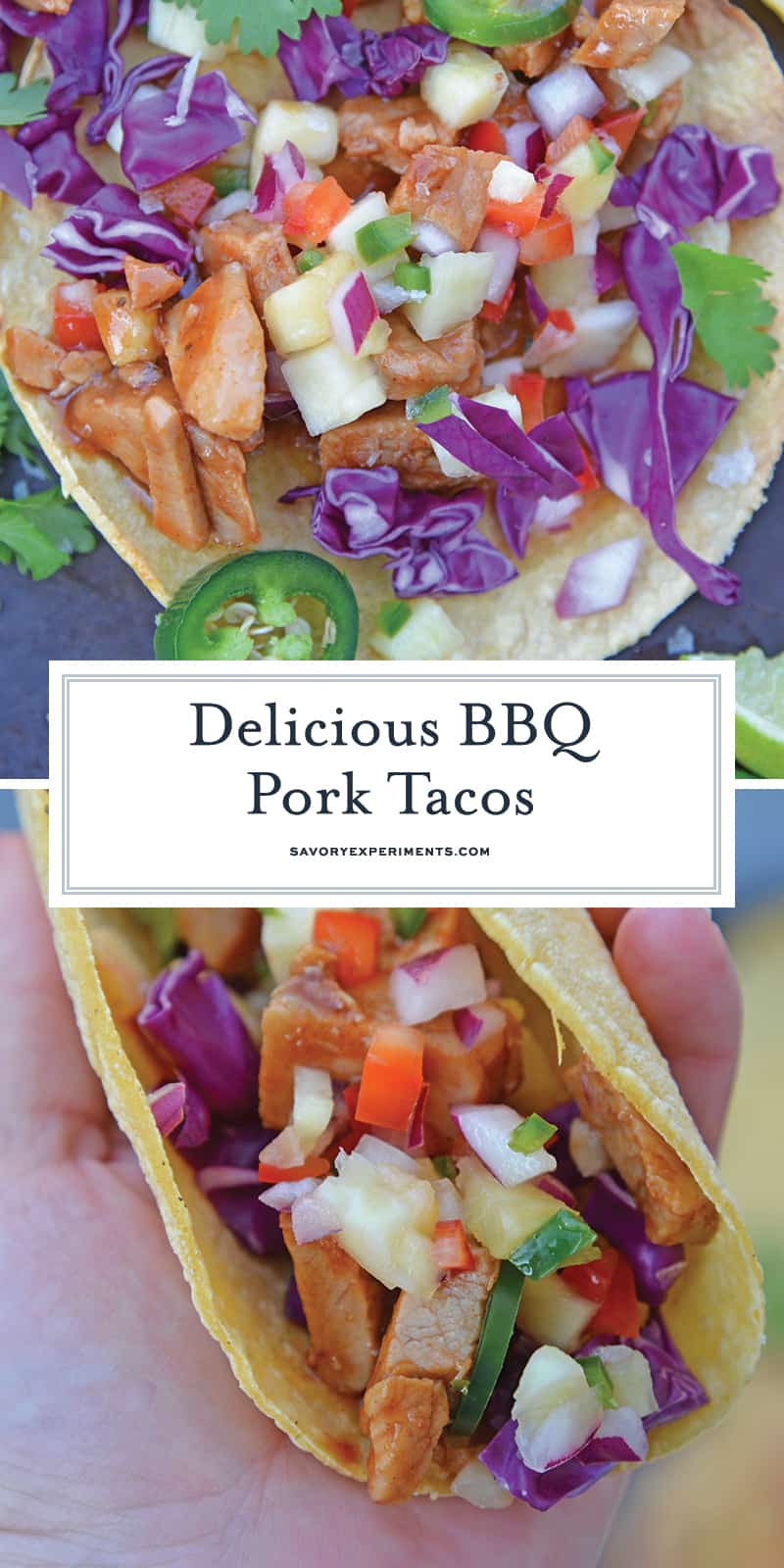 BBQ Pork Tacos are a colorful and easy weeknight dinner. Zesty BBQ sauce paired with sweet and spicy pineapple salsa and crunchy red cabbage. #porktacos #tacotuesday www.savoryexperiments.com