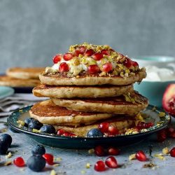 Baklava pancakes on a blue plate