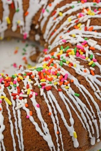 Chocolate Ice Cream Bread is an easy and fun way to use ice cream using just a few common kitchen ingredients. Add cookie frosting and colorful sprinkles for a surprisingly good munchie. #icecreambread #chocolateicecream www.savoryexperiments.com