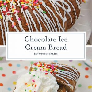 Chocolate Ice Cream Bread is an easy and fun way to use ice cream using just a few common kitchen ingredients. Add cookie frosting and colorful sprinkles for a surprisingly good munchie. #icecreambread #chocolateicecream www.savoryexperiments.com