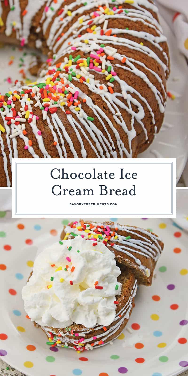 Chocolate Ice Cream Bread is an easy and fun way to use ice cream using just a few common kitchen ingredients. Add cookie frosting and colorful sprinkles for a surprisingly good munchie. #icecreambread #chocolateicecream www.savoryexperiments.com