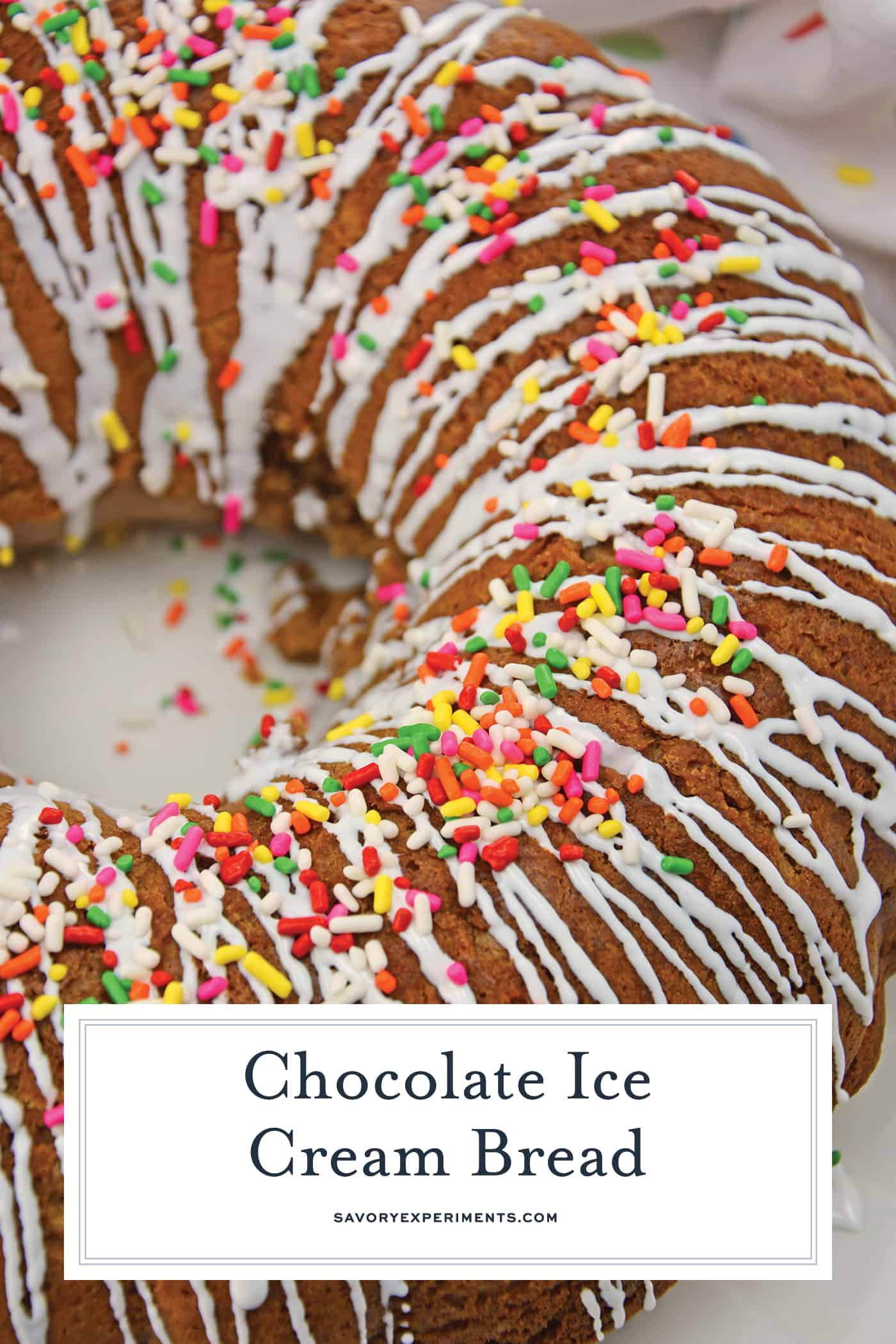 Chocolate ice cream bread with icing and sprinkles
