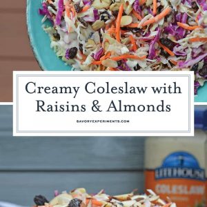 Creamy Coleslaw with almonds and raisins is an easy coleslaw recipe that is mix and serve. Coleslaw dressing, almonds, raisins and crisp cabbage mix are the perfect BBQ dish. #creamycoleslaw #coleslawrecipe www.savoryexperiments.com