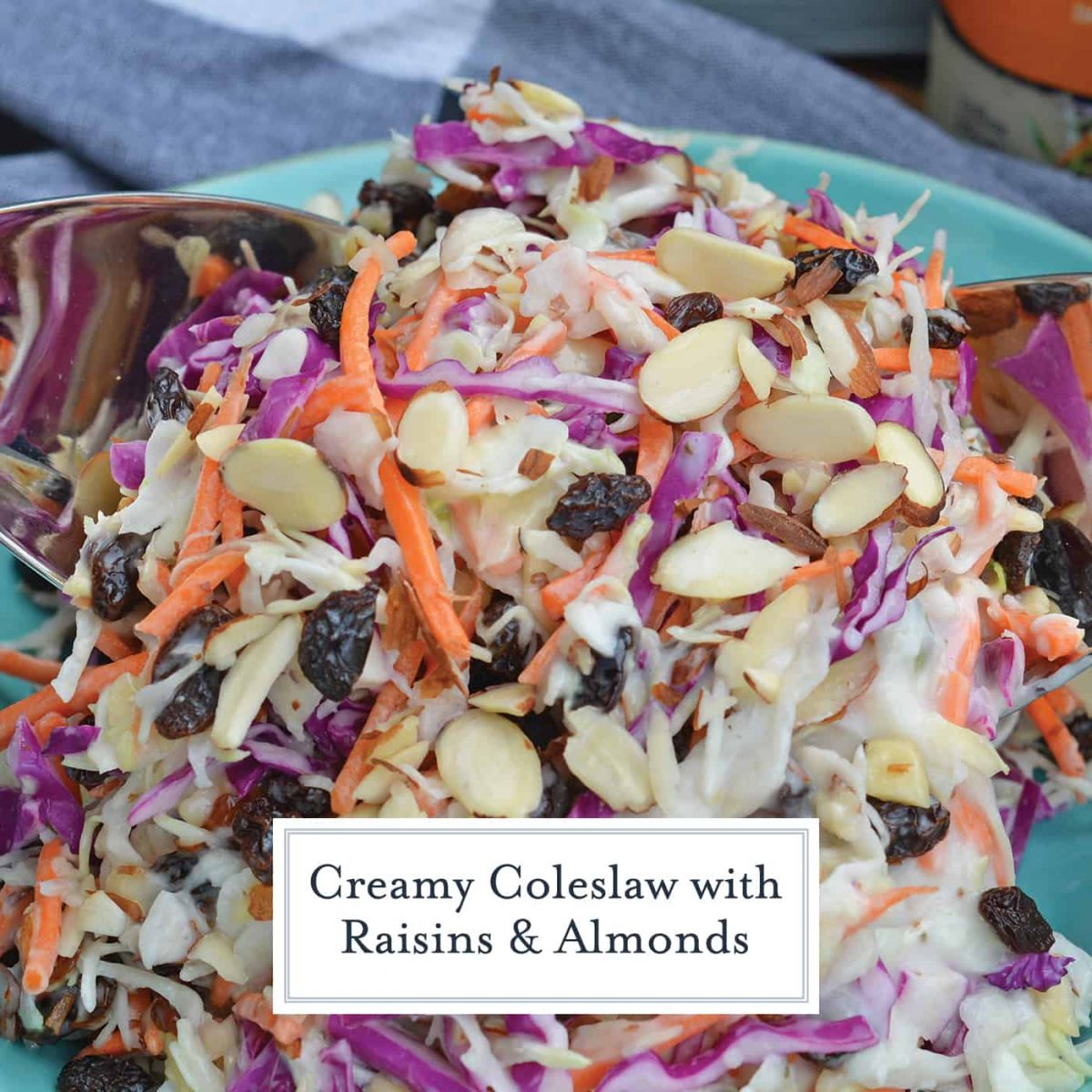 Creamy Coleslaw with almonds and raisins is an easy coleslaw recipe that is mix and serve. Coleslaw dressing, almonds, raisins and crisp cabbage mix are the perfect BBQ dish. #creamycoleslaw #coleslawrecipe www.savoryexperiments.com
