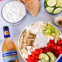 overhead shot of chicken gyro bowls