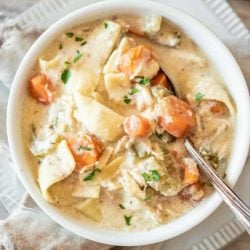 Crockpot Chicken and Noodles in a white bowl